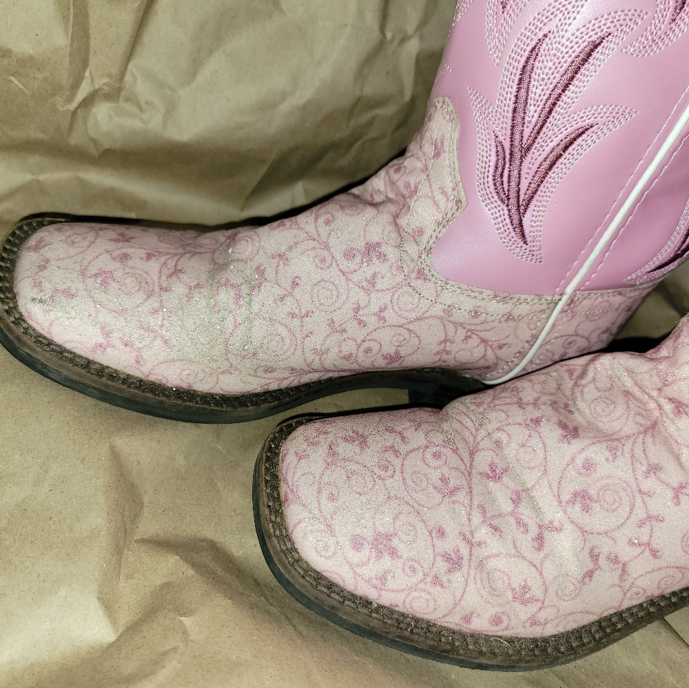 Old West Girl’s Pink Glitter Western Boots Square Toe cowboy boot size 4-5 girls